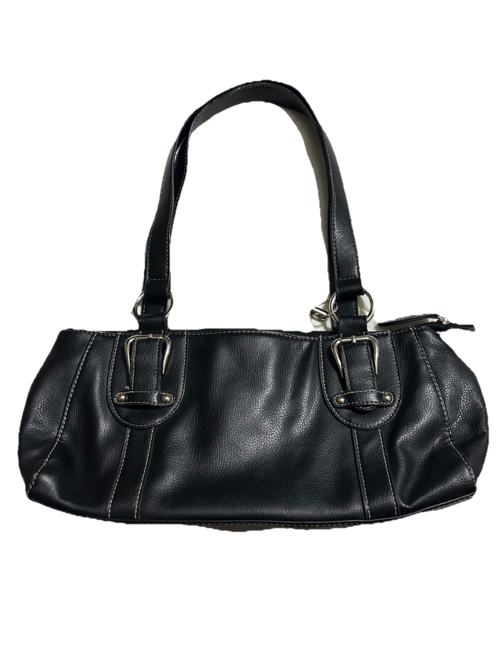 Y2K Black Faux Leather Shoulder Bag Contrast Stitch Buckle Baguette Purse